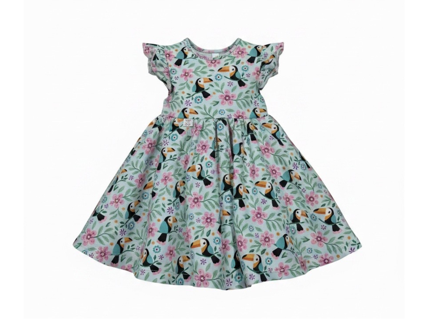 Toucan & Exotic Flowers Summer Dress With Ruffle Sleeves