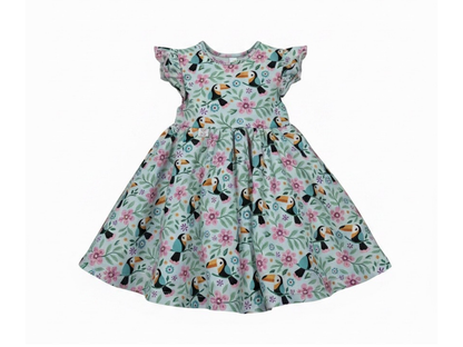 Toucan & Exotic Flowers Summer Dress With Ruffle Sleeves