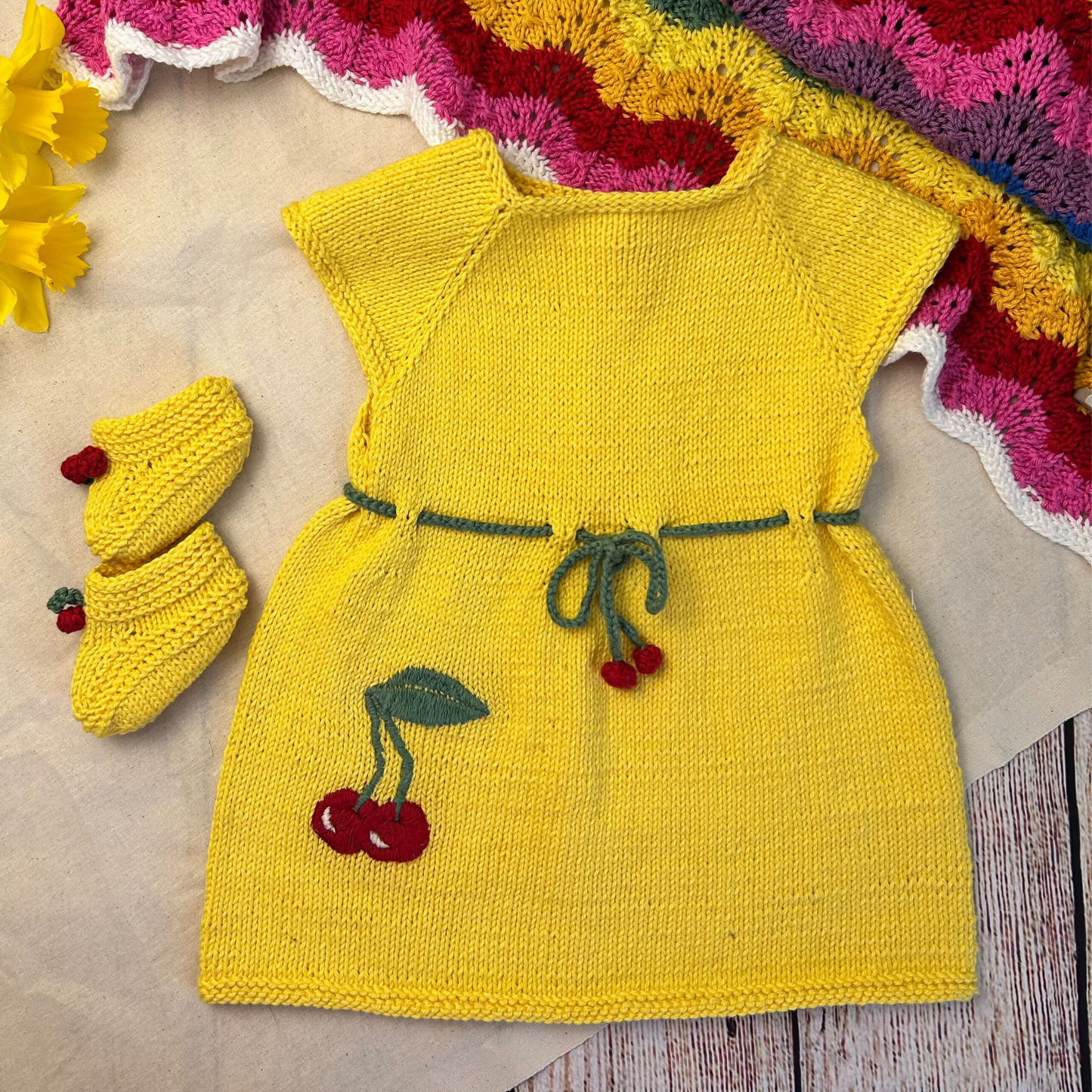Yellow Cherry Chic Cotton Set (dress, bolero and booties)