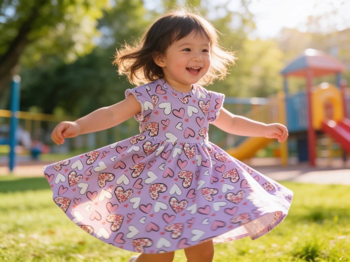 Heart Print Summer Dress With Ruffle Sleeve