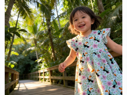 Toucan & Exotic Flowers Summer Dress With Ruffle Sleeves