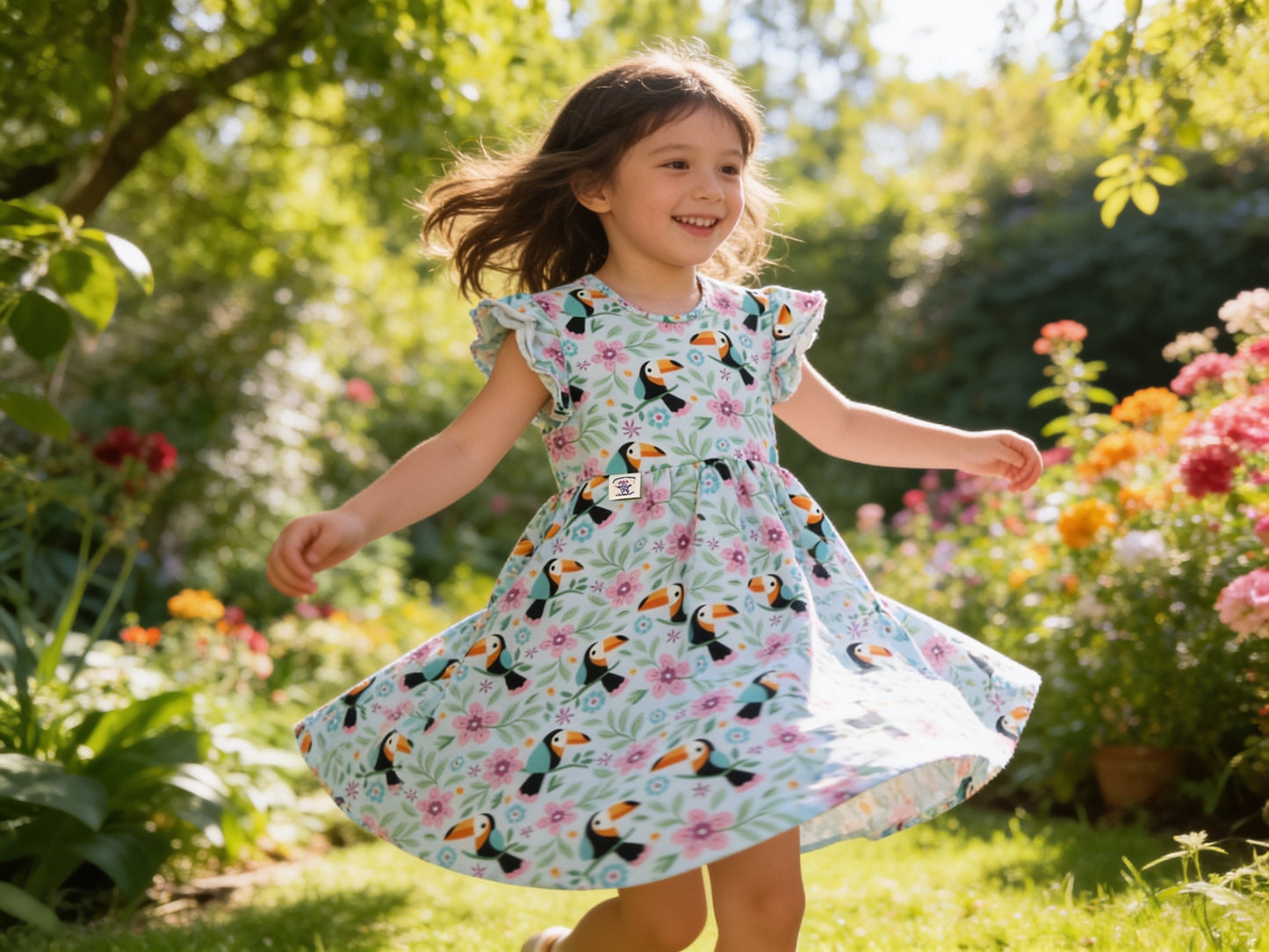 Toucan & Exotic Flowers Summer Dress With Ruffle Sleeves