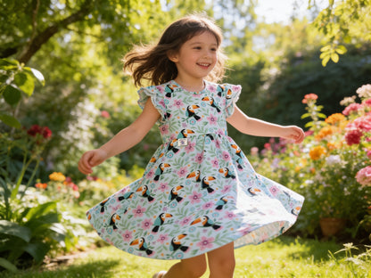 Toucan & Exotic Flowers Summer Dress With Ruffle Sleeves