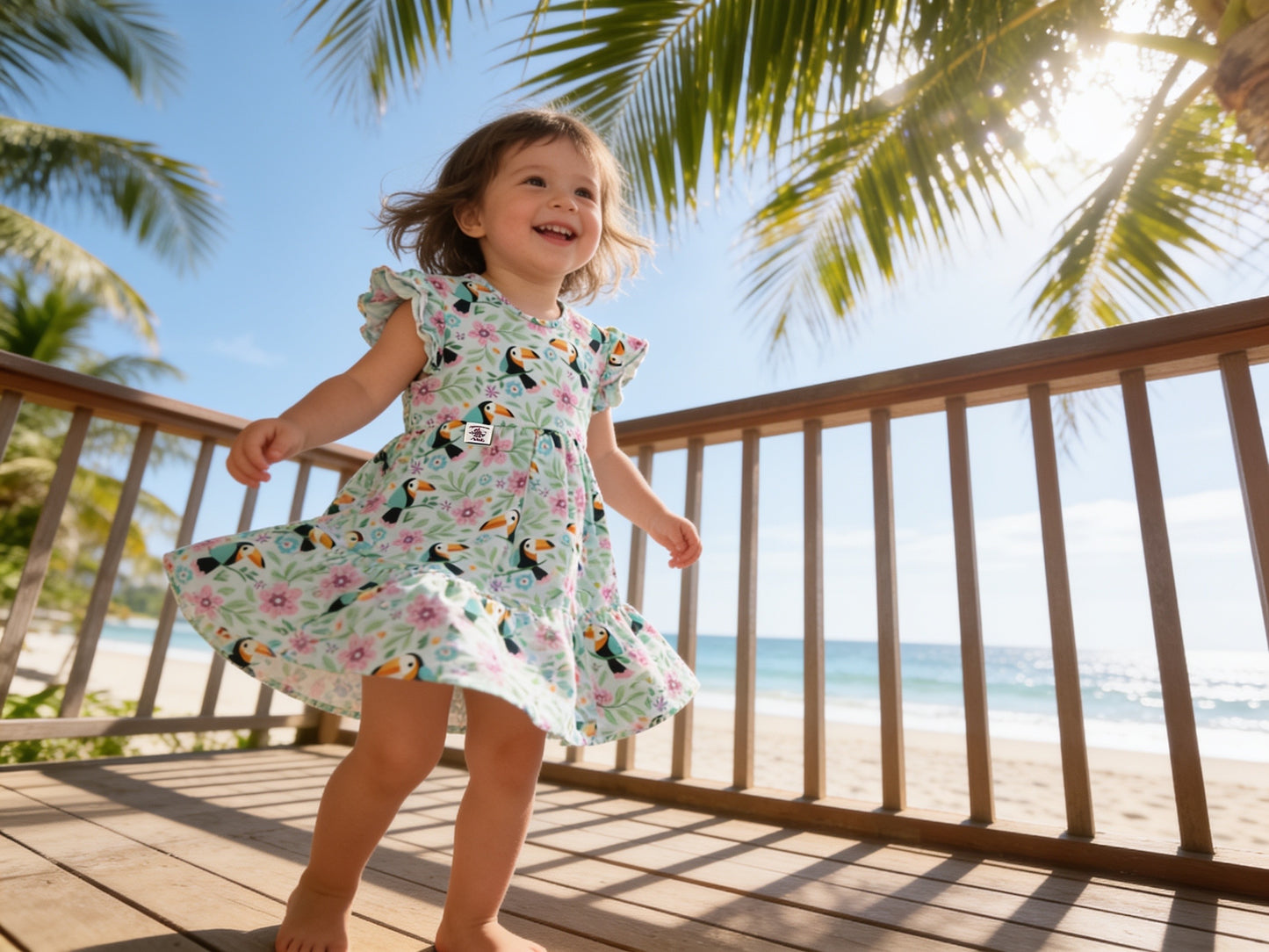 Toucan & Exotic Flowers Summer Dress With Ruffle Sleeves