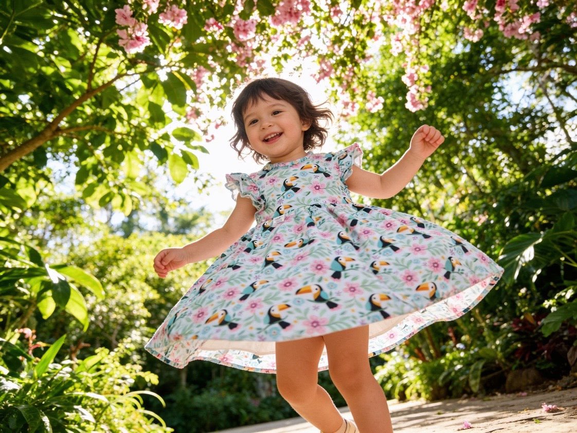 Toucan & Exotic Flowers Summer Dress With Ruffle Sleeves