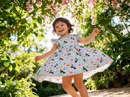 Toucan & Exotic Flowers Summer Dress With Ruffle Sleeves