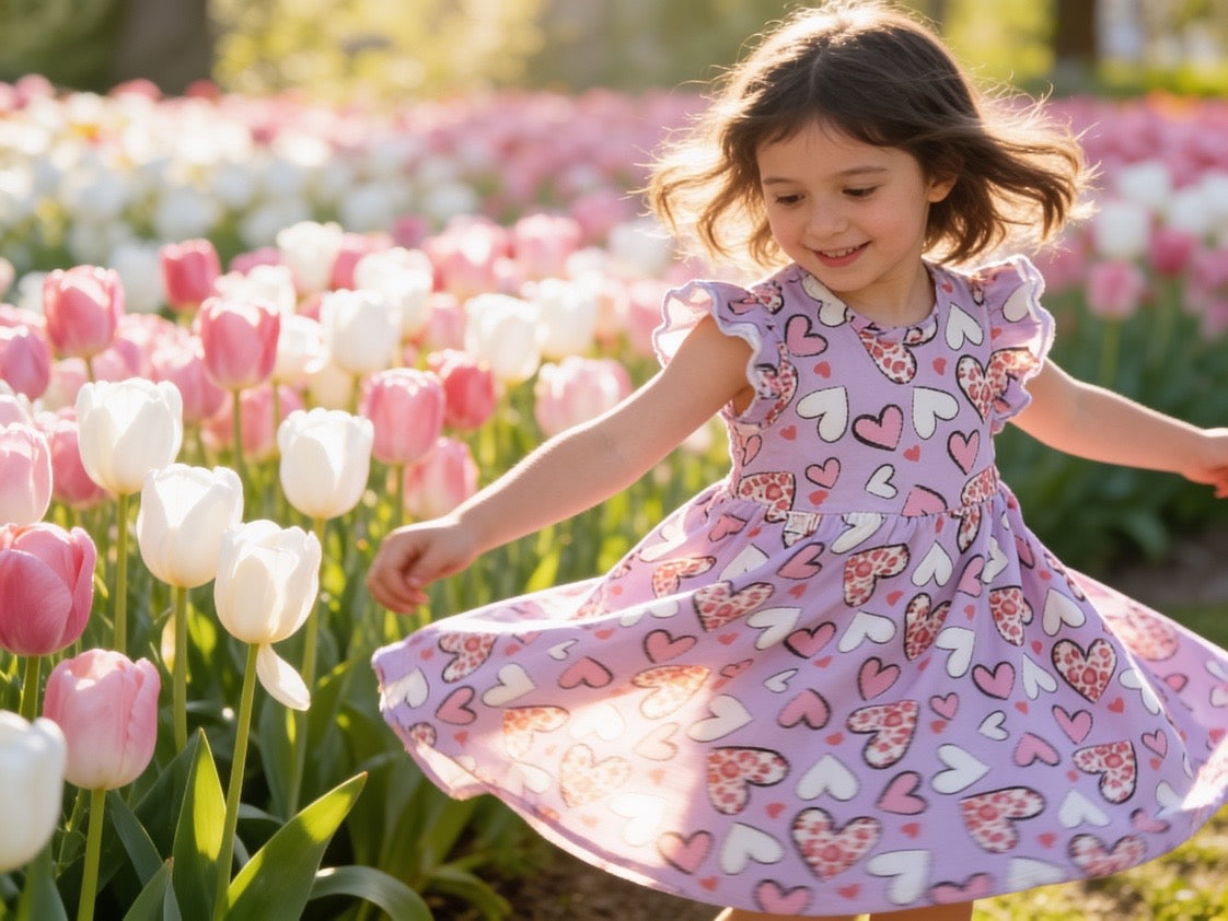 Heart Print Summer Dress With Ruffle Sleeve