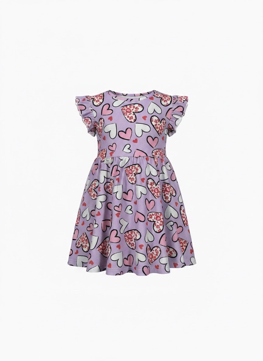 Heart Print Summer Dress With Ruffle Sleeve