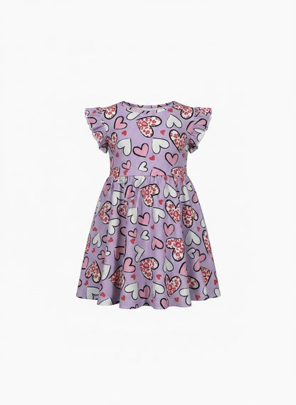 Heart Print Summer Dress With Ruffle Sleeve