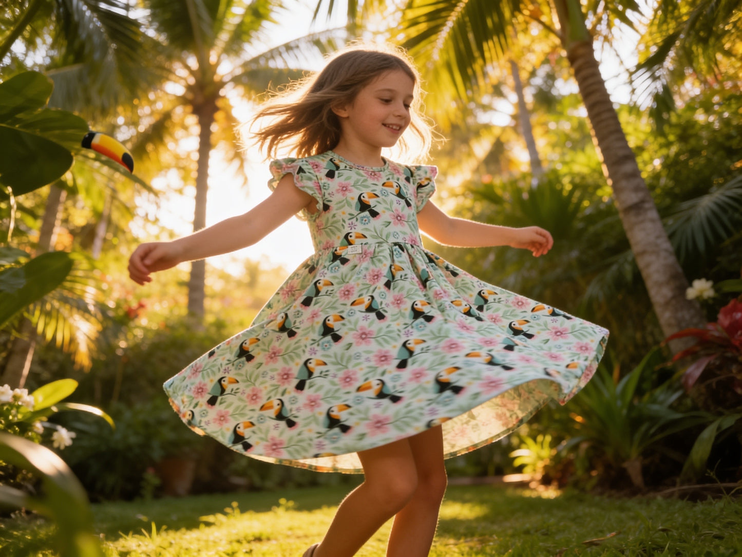 Toucan & Exotic Flowers Summer Dress With Ruffle Sleeves