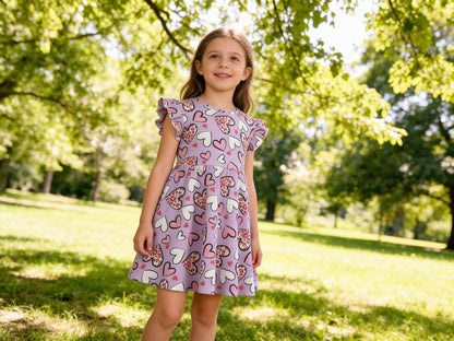 Heart Print Summer Dress With Ruffle Sleeve