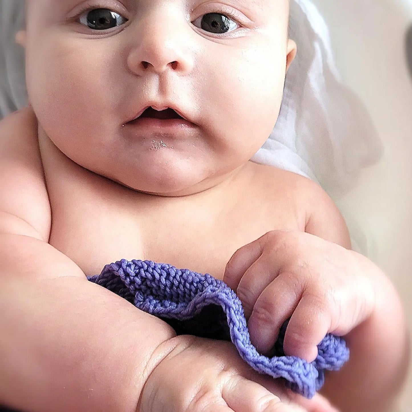 Close-up of a baby holding a purple knitted item