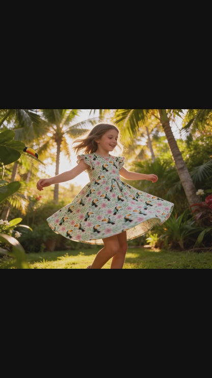 Toucan & Exotic Flowers Summer Dress With Ruffle Sleeves